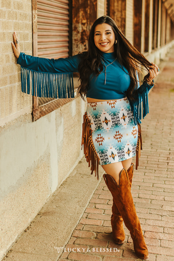 Teal Satin Stretch Crop Long Sleeve Fringe Top at Bourbon Cowgirl