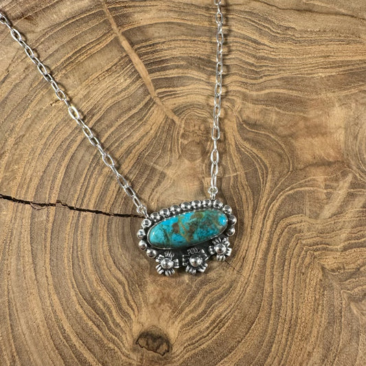 Oval Turquoise Necklace with Silver Triple Flower by Boho Sol