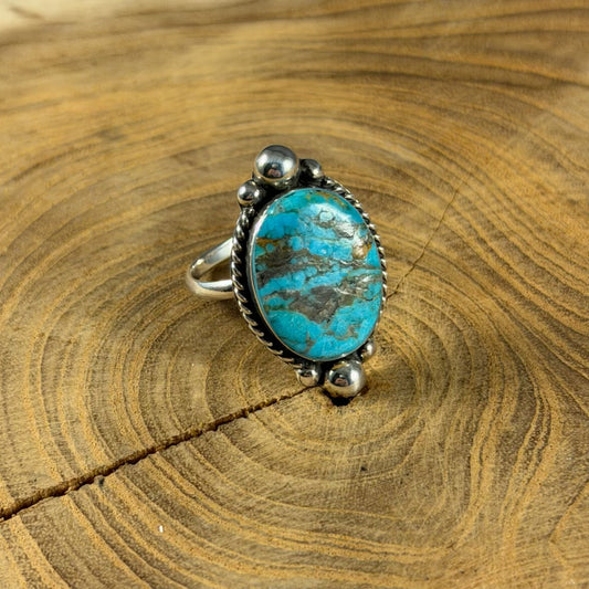 Oval Turquoise Silver Ball Adjustable Ring by Boho Sol