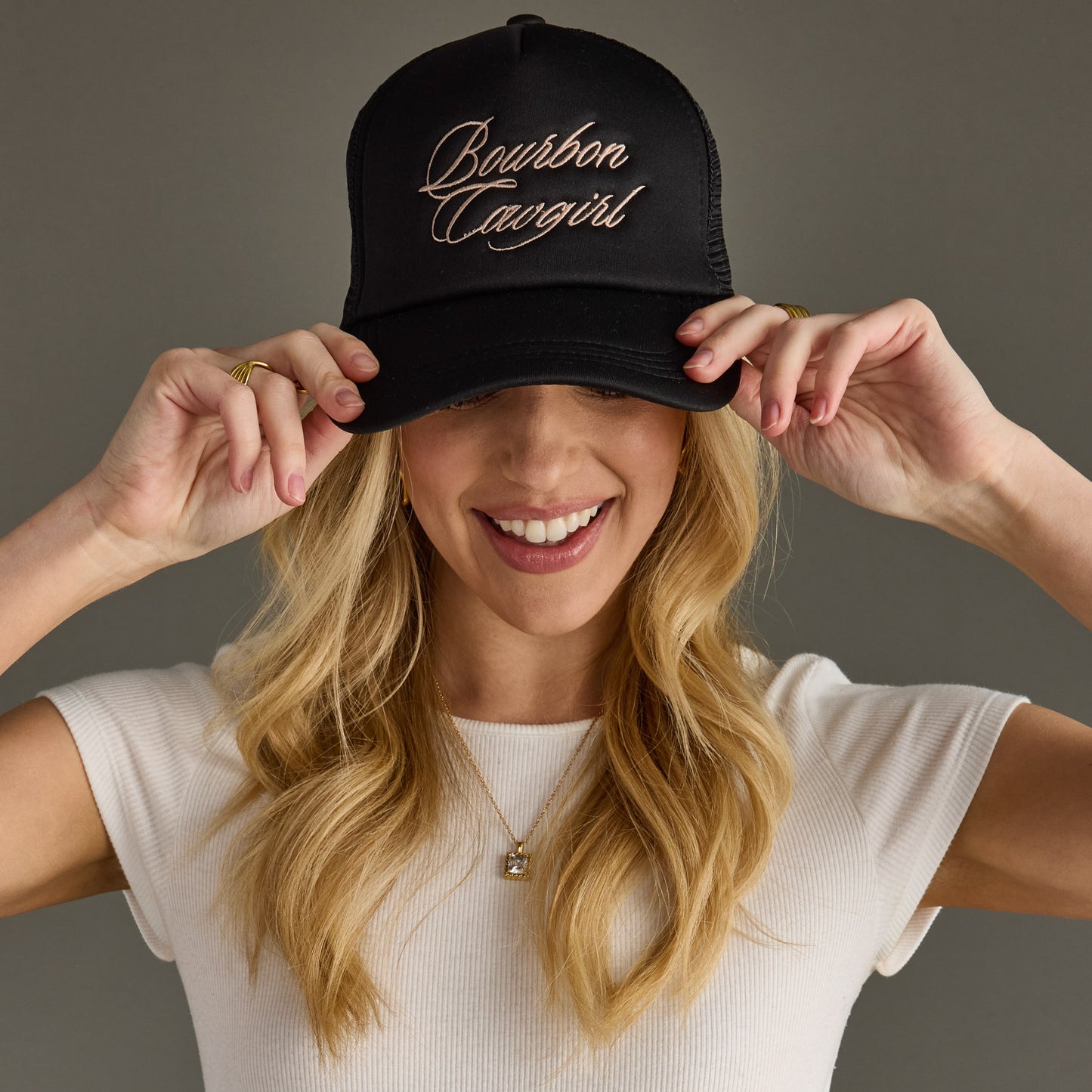 Bourbon Cowgirl Embroidered Foam Trucker Hat - Black