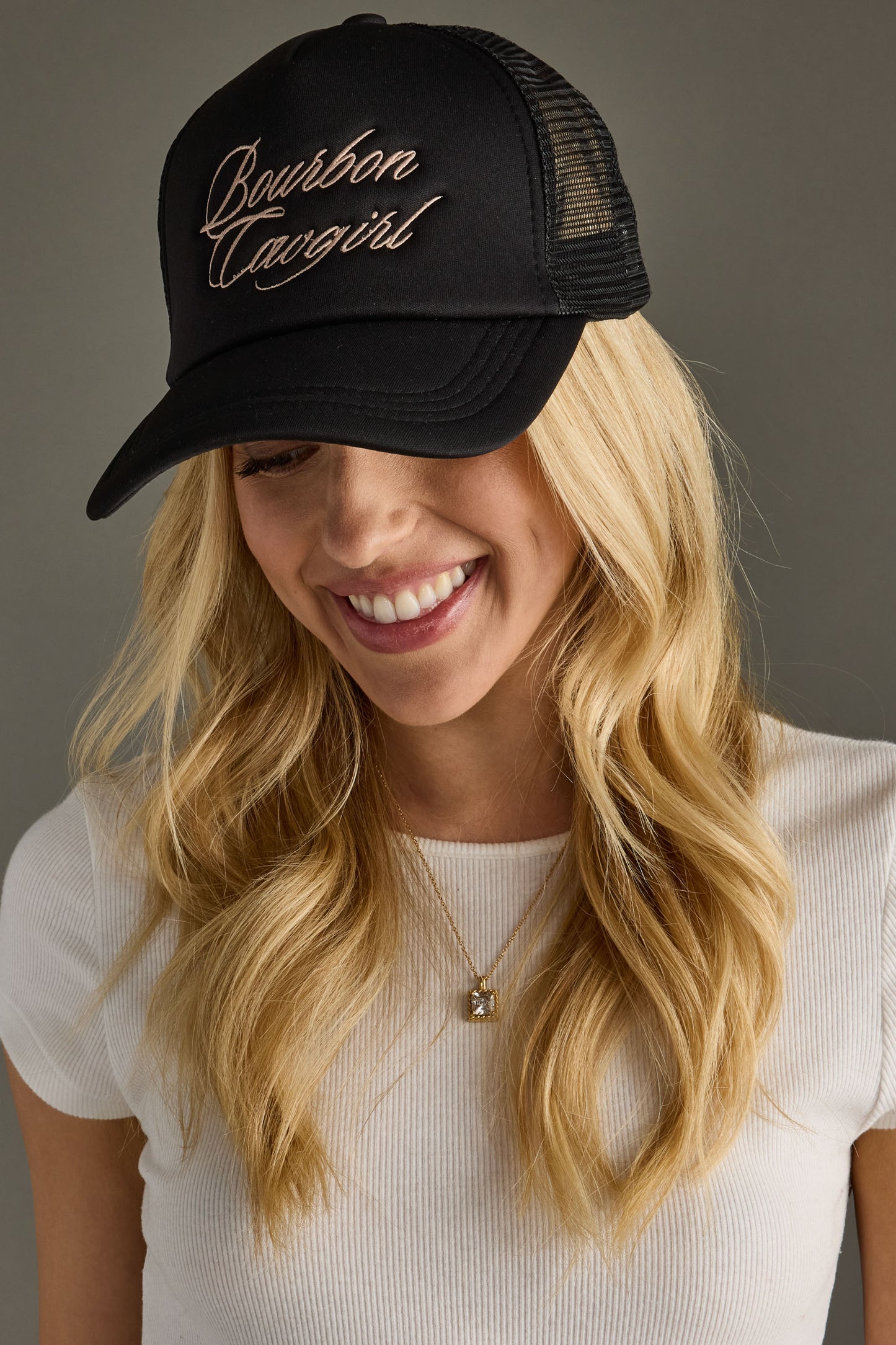 Bourbon Cowgirl Embroidered Foam Trucker Hat - Black