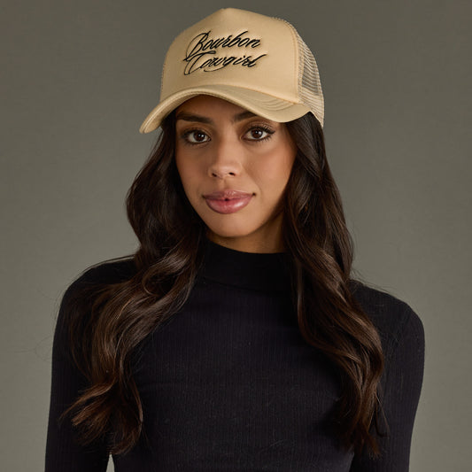 Bourbon Cowgirl Embroidered Foam Trucker Hat - Tan