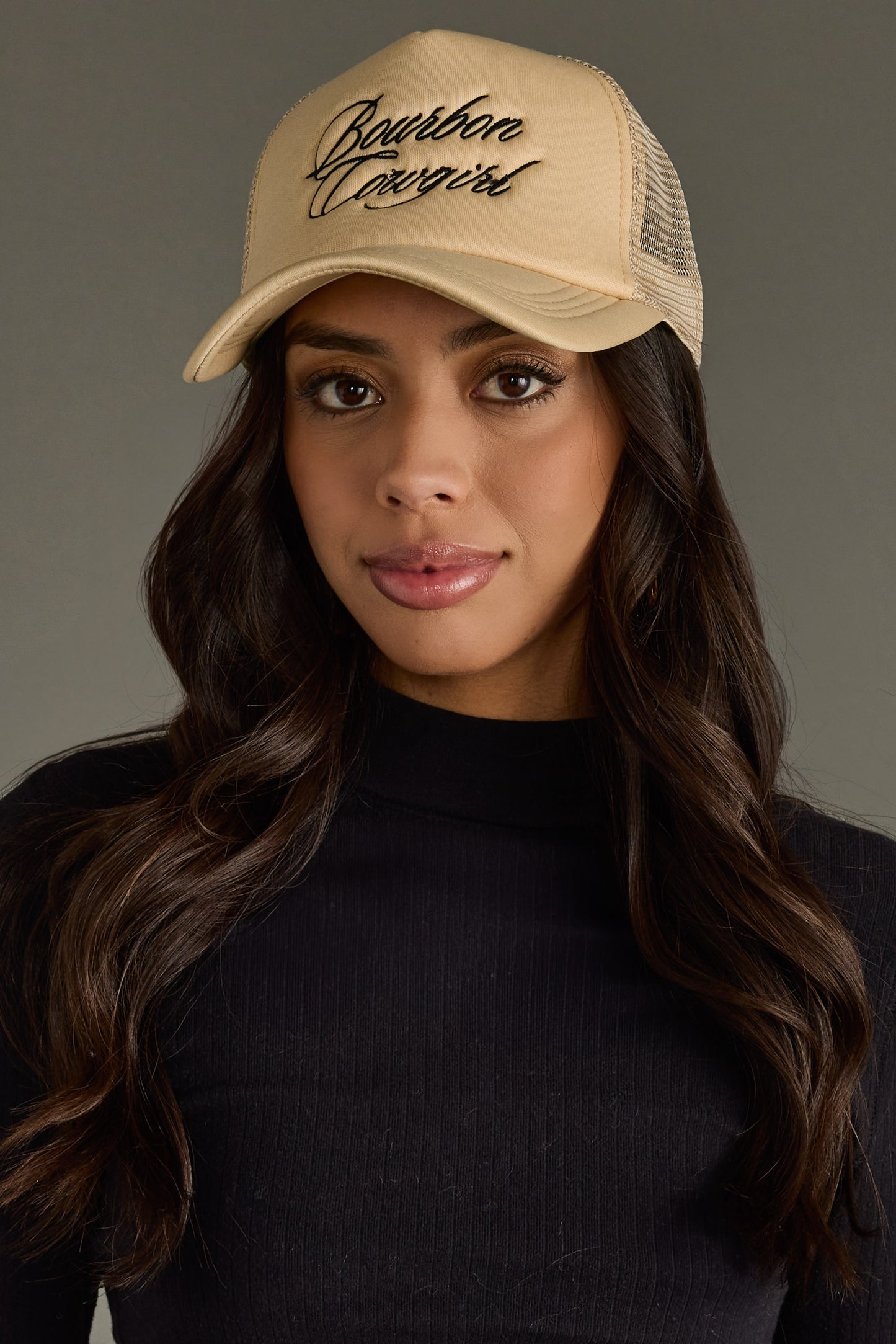Bourbon Cowgirl Embroidered Foam Trucker Hat - Tan