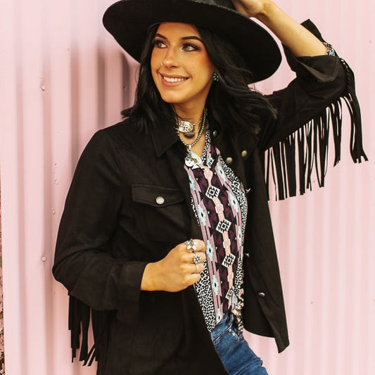 Black Suede Button All Around Fringe Top Bourbon Cowgirl