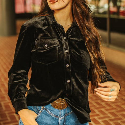 Black Velvet Button Down Collared Long Sleeve Shirt, Plus Size Bourbon Cowgirl