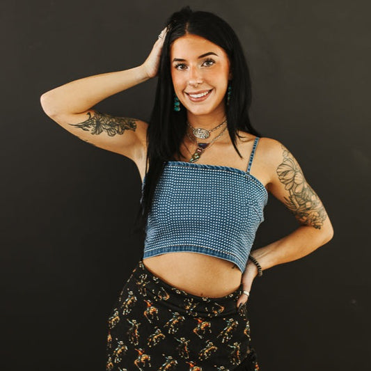 Dark Wash Denim Stretch Rhinestone Spaghetti Strap Crop Top at Bourbon Cowgirl