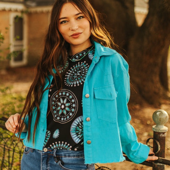 Turquoise Button Down Crop Shirt Bourbon Cowgirl