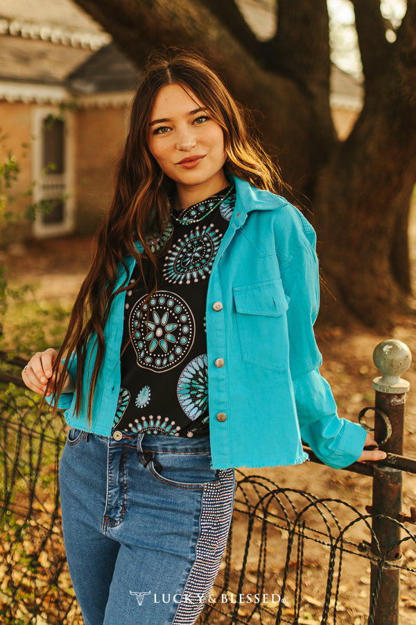 Turquoise Button Down Crop Shirt Bourbon Cowgirl