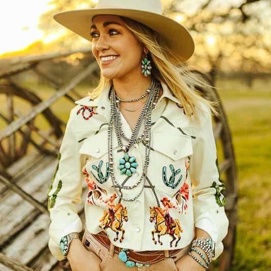 Beige Rodeo Cowgirl Cactus Printed Oversize Crop Shirt at Bourbon Cowgirl