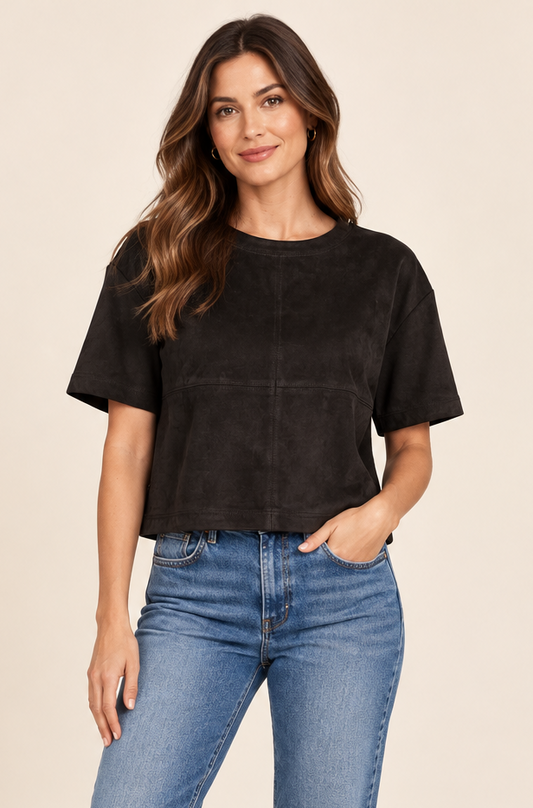 Faux Suede Cropped Tee in Black