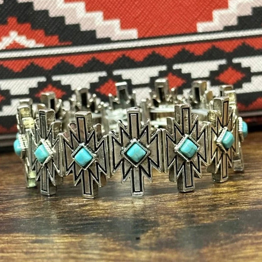 Meeko Bracelet - Silver Aztec Shapes Turquoise Jewelry for Bourbon Cowgirl