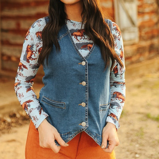 Dark Wash Button Down Western Yoke Vest Plus Size Bourbon Cowgirl