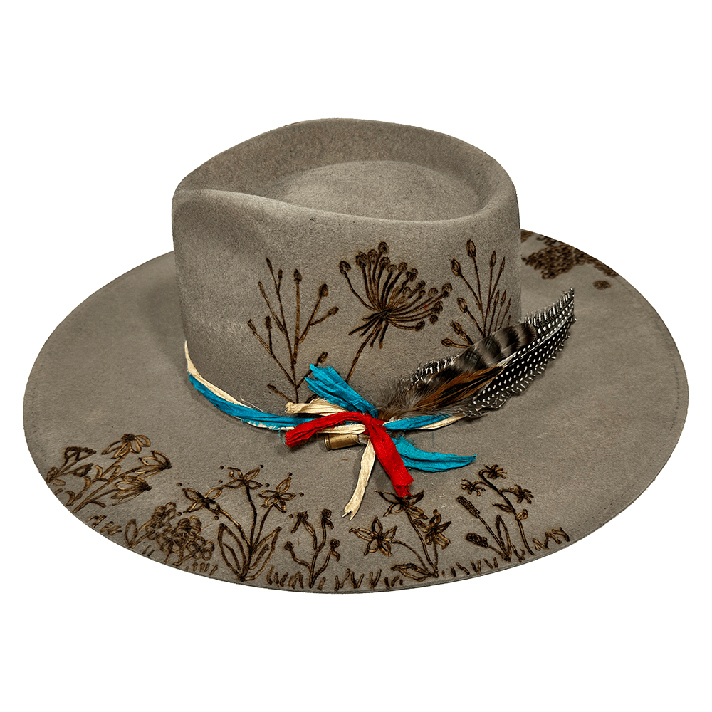 Custom Burned Gray Cowboy Hat with Velcro Band