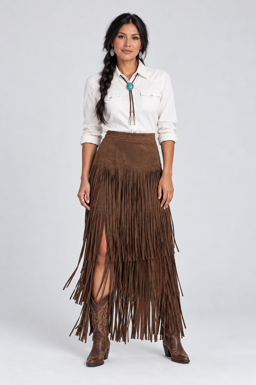 Faux Suede Fringe Western Midi Skirt