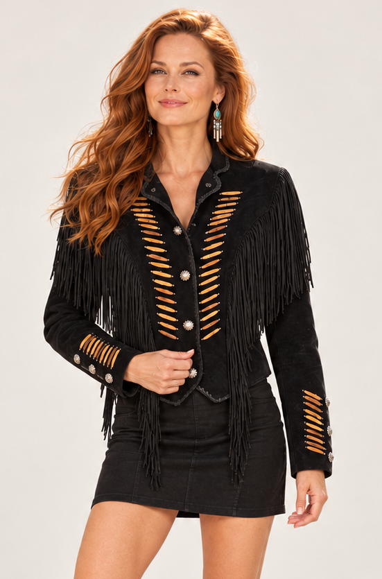 Suede Fringe Lacing Jacket with Bone Bead Details by Scully Leather - Black