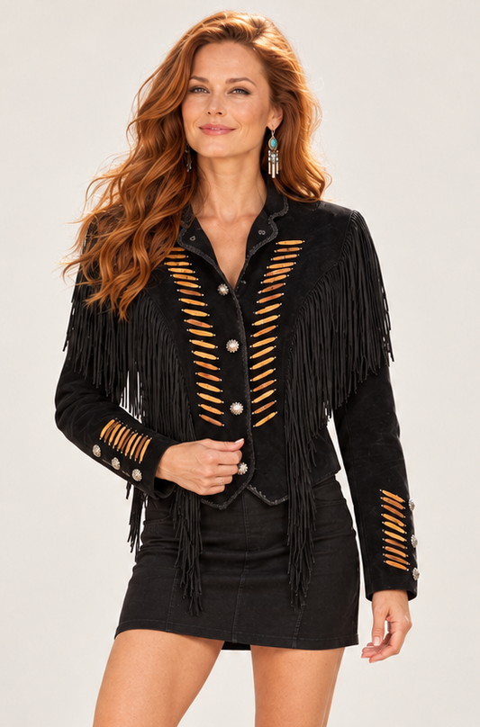 Suede Fringe Lacing Jacket with Bone Bead Details by Scully Leather - Black