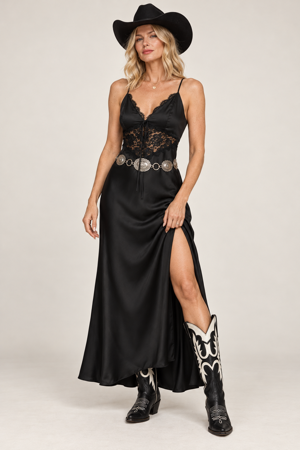 Satin Lace Detail Maxi Slip Dress