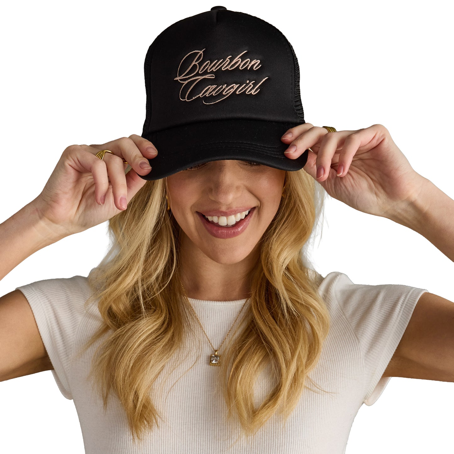 Bourbon Cowgirl Embroidered Foam Trucker Hat - Black