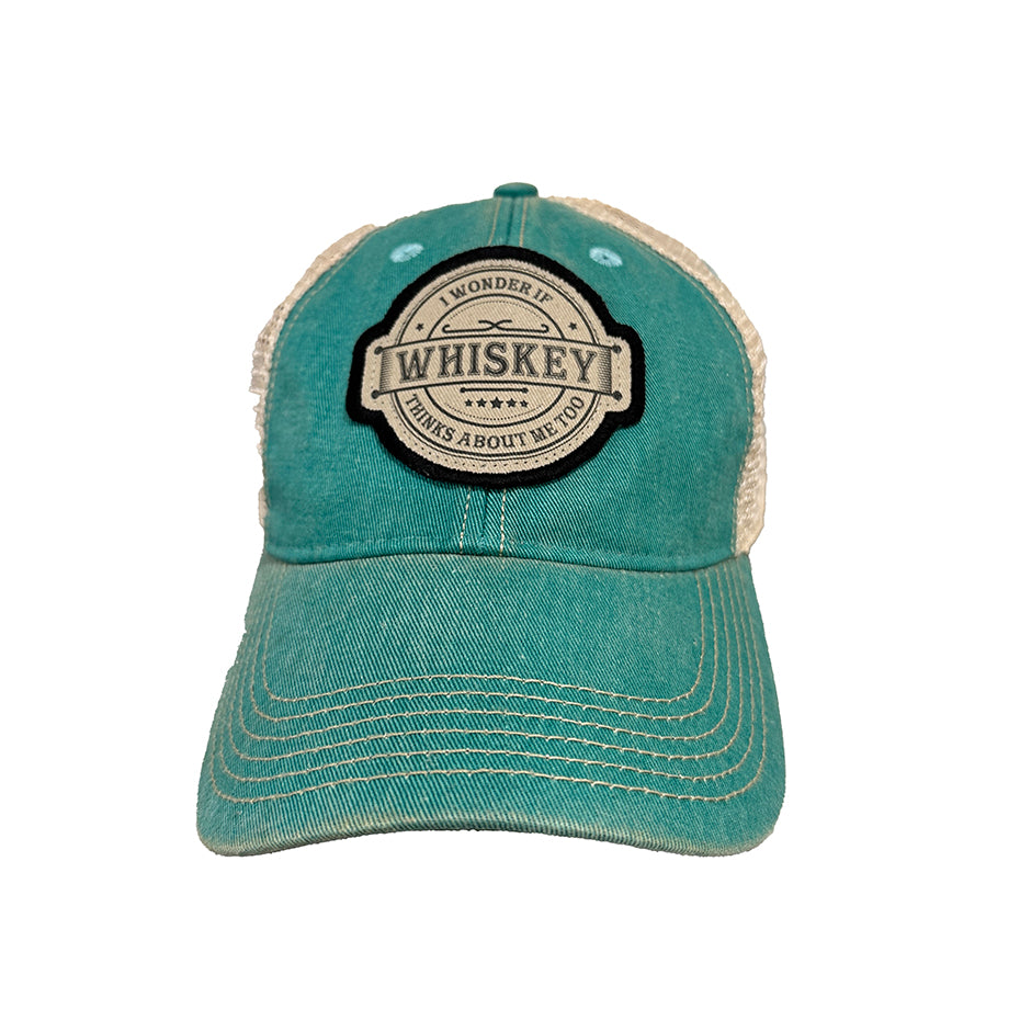 I Wonder if Whiskey Thinks About Me Too Distressed Snap Back Trucker Hat
