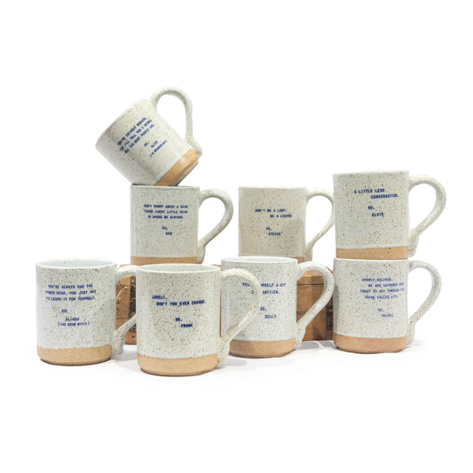 XO Legends speckled mugs with quotes