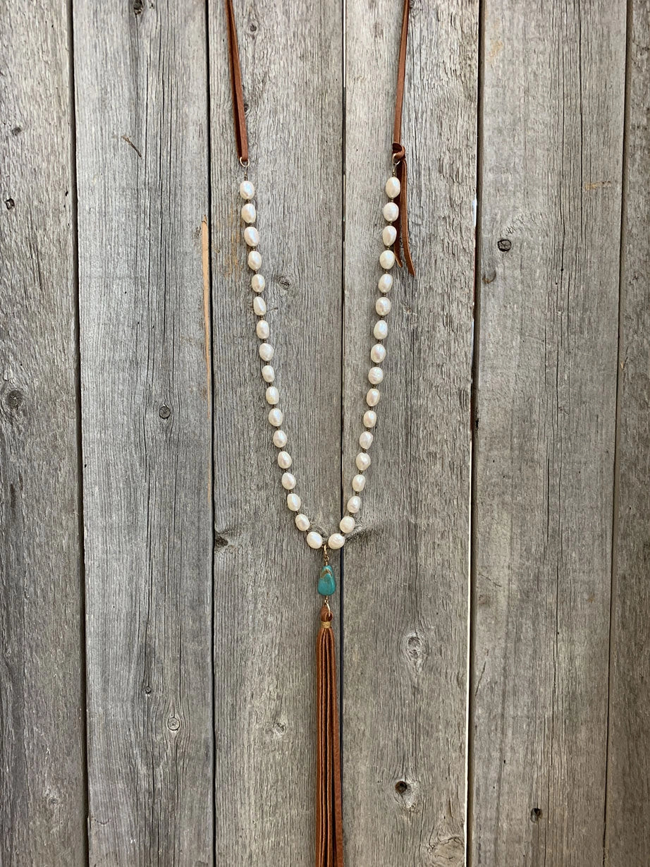 Freshwater Pearl, Turquoise & Leather Tassel Necklace