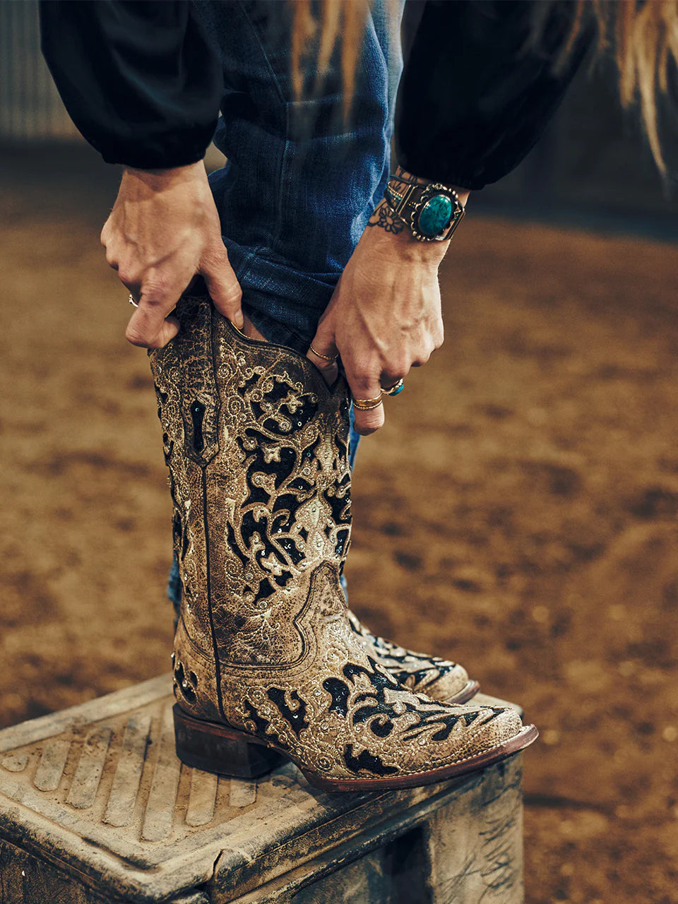 Brown Inlay Studs Crystals & Embroidery Western Boot - Corral Boots at Bourbon Cowgirl