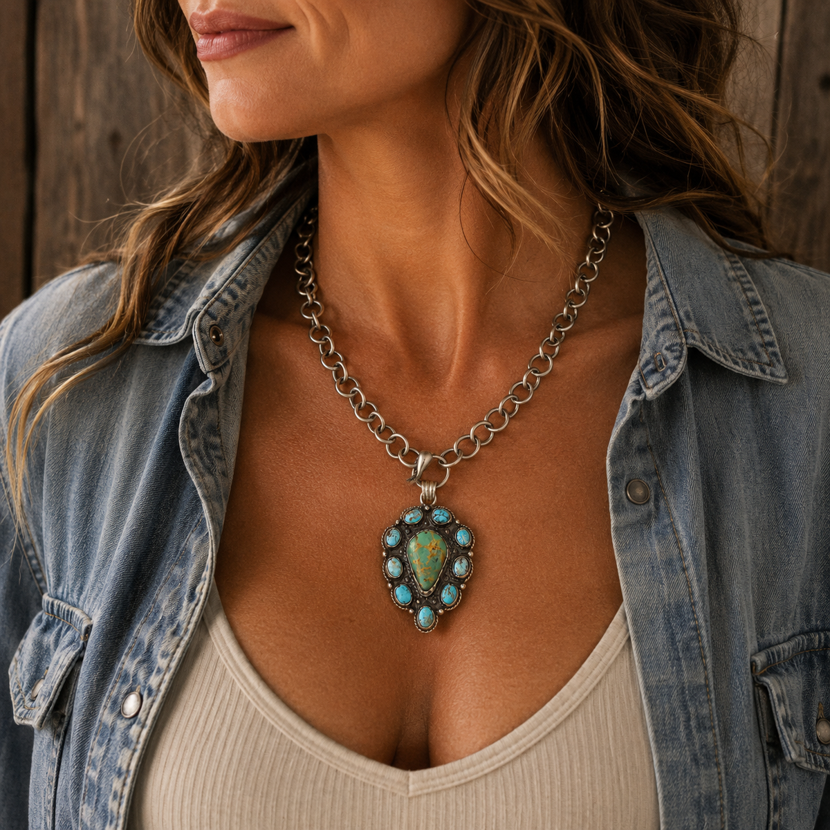 Genuine Turquoise Tibetan Pendant Chain Necklace