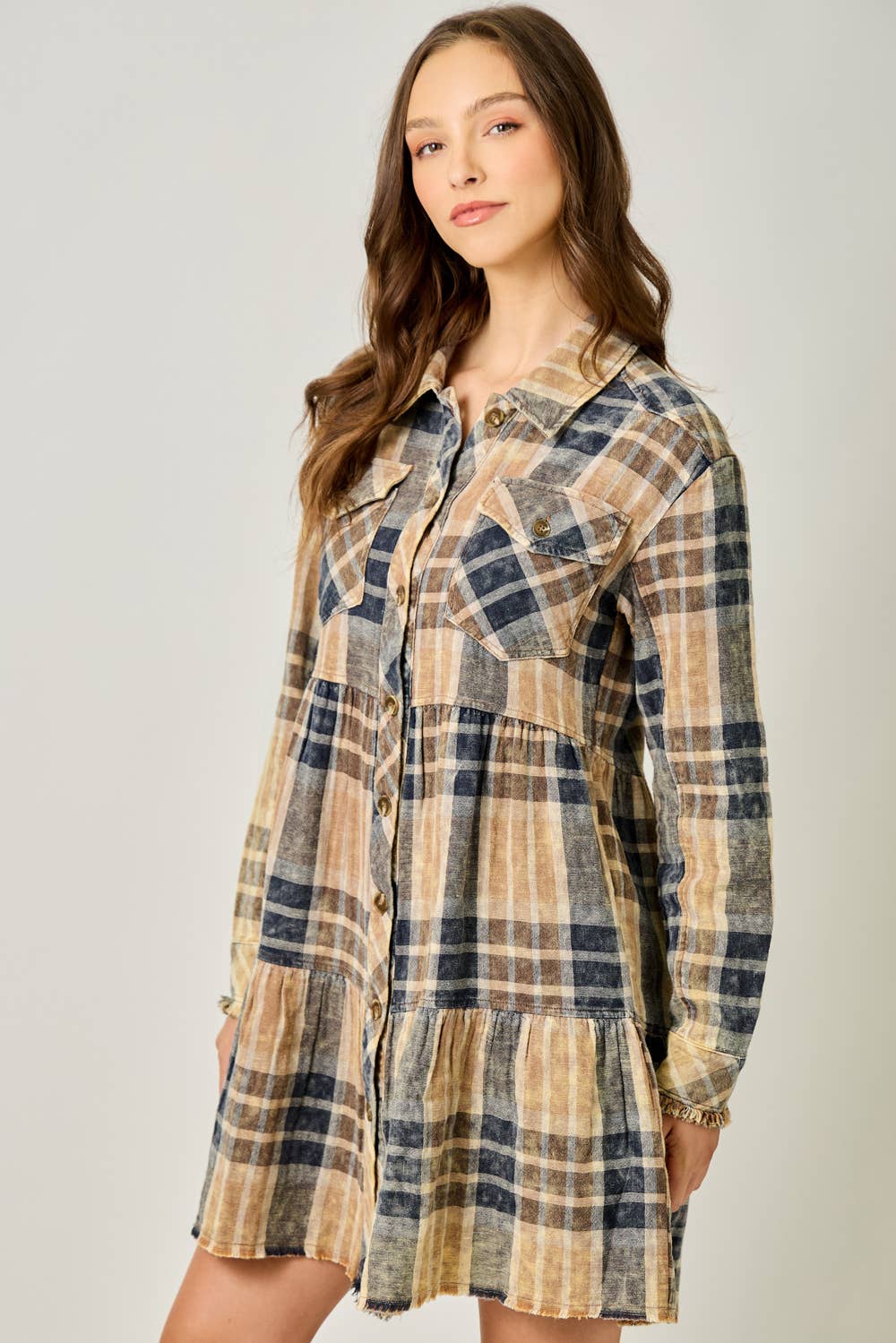 Acid Washed Tiered Coat Dress