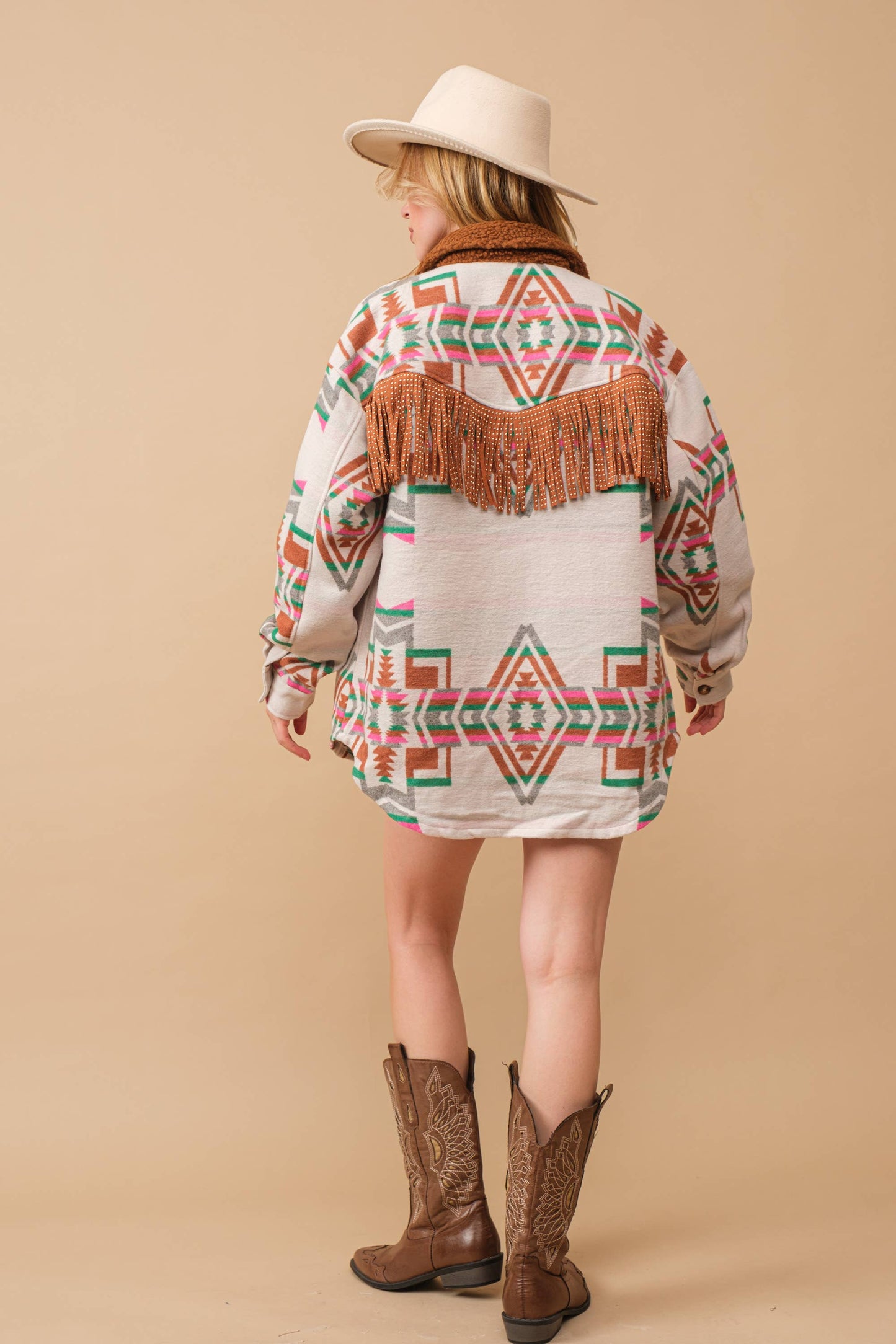 Jacquard Western Shirt Jacket with Aztec Style Pattern