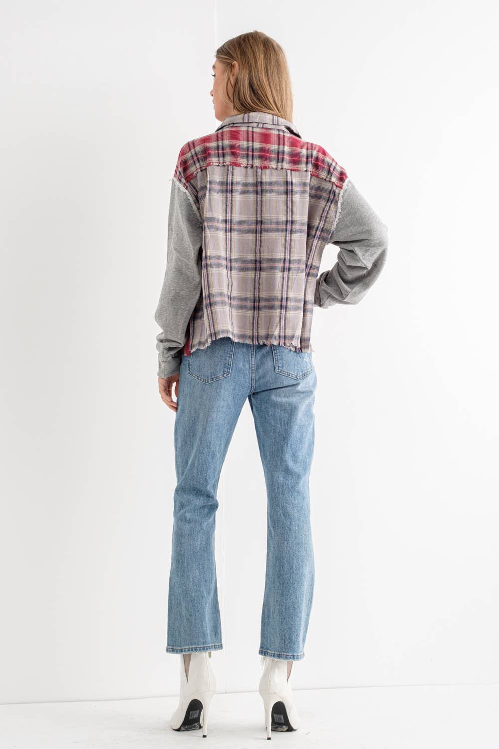 Mix Plaid Front Pocket French Terry Shirt Jacket