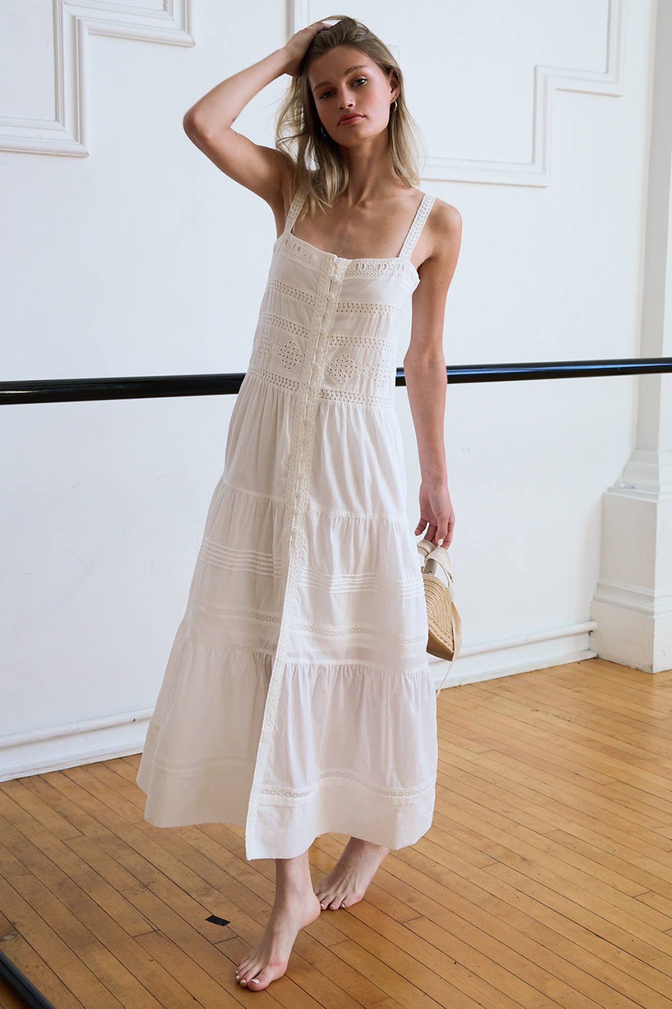 Romantic Tiered Woven Maxi with Lace Trim Dress