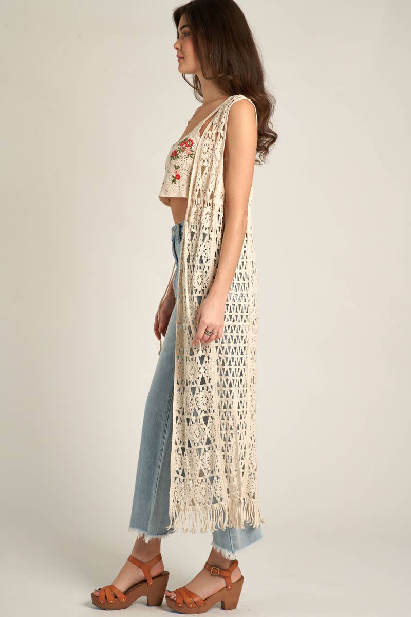 Crochet Open Front Tie Tassel Maxi Cardigan