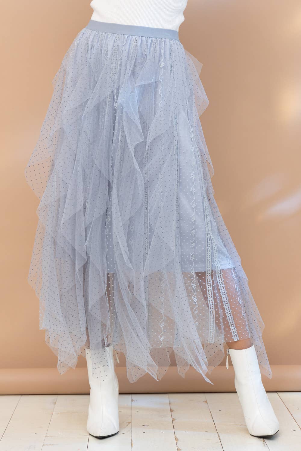 Swiss Dot Tulle Mesh Ruffle Maxi Skirt