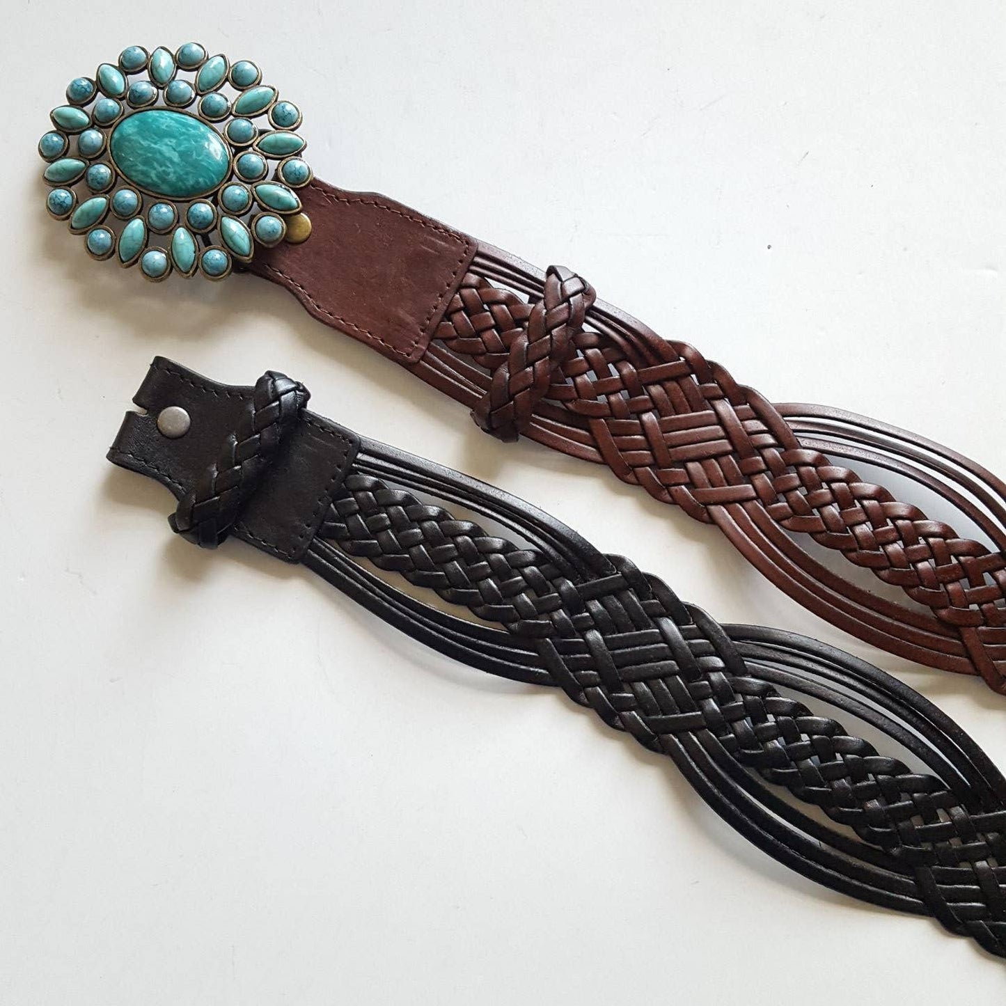 Hand Braided Leather Belt with Turquoise Style Buckle brass
