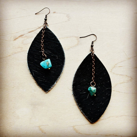 Leather Oval Turquoise Drop in Black Hair-on-Hide Earrings - Western Jewelry