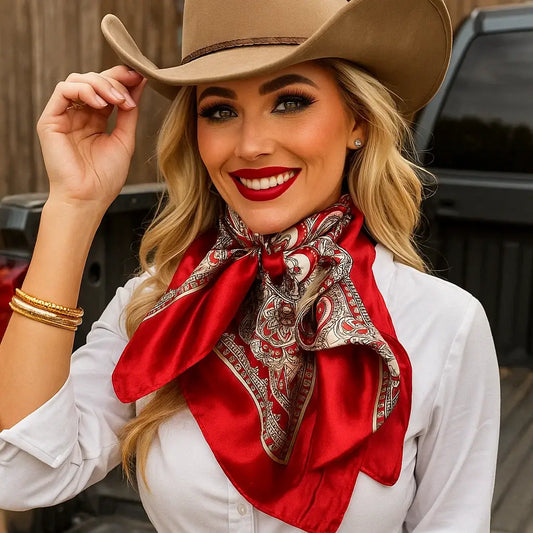 Woman wearing cowboy hat and red scarf.