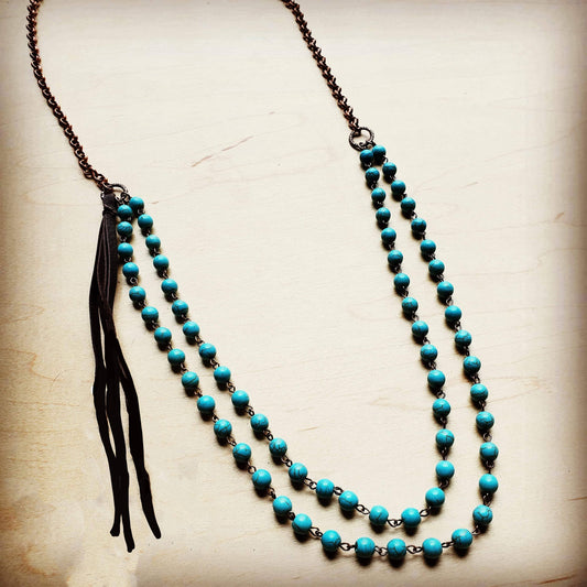 2 Strand Blue Turquoise Beaded Necklace, Leather Tassel