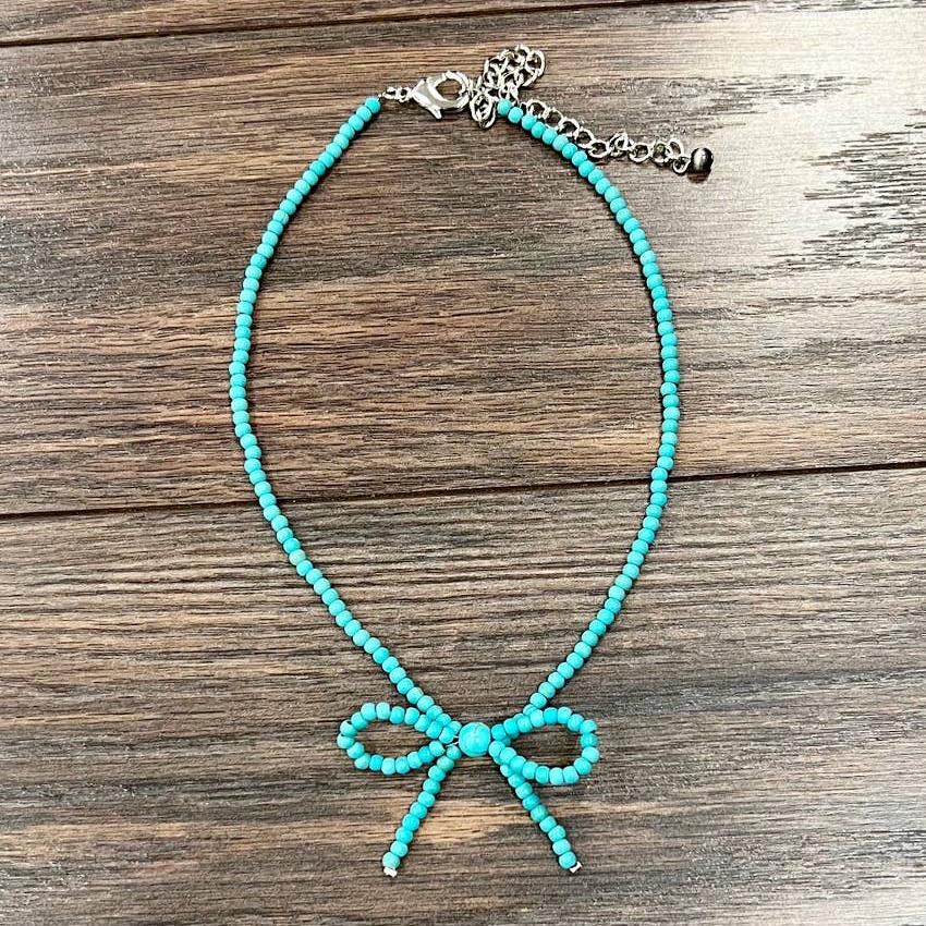 Handmade Turquoise Ribbon Bow Necklace