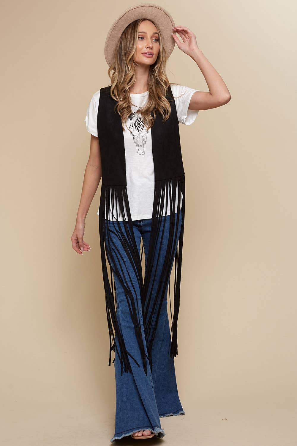 Black Long Fringe Faux Suede Western Vest