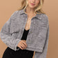 Washed Gray Corduroy Oversized Rhinestone Fringe Jacket