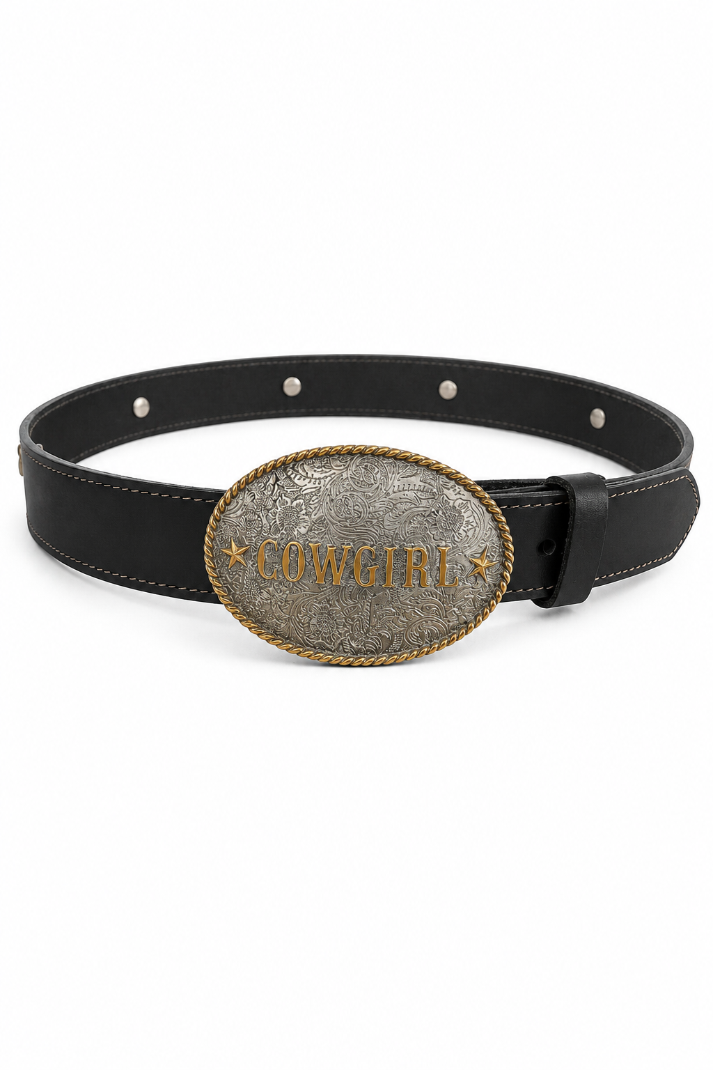 Annie Leather Belt with Cowgirl Buckle & Star Conchos in Black - Bourbon Cowgirl Exclusive