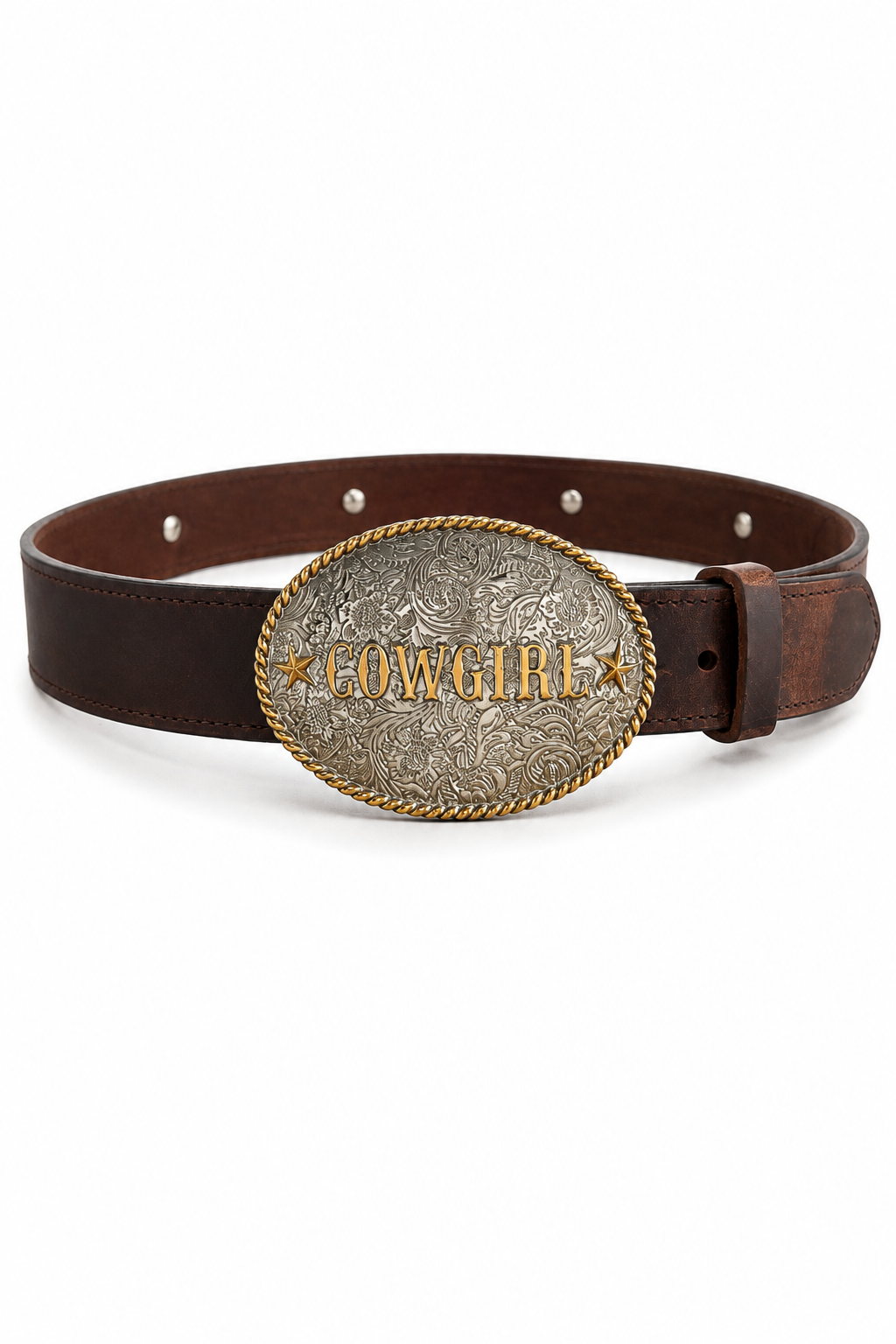 Annie Leather Belt with Cowgirl Buckle & Star Conchos in Brown - Bourbon Cowgirl Exclusive