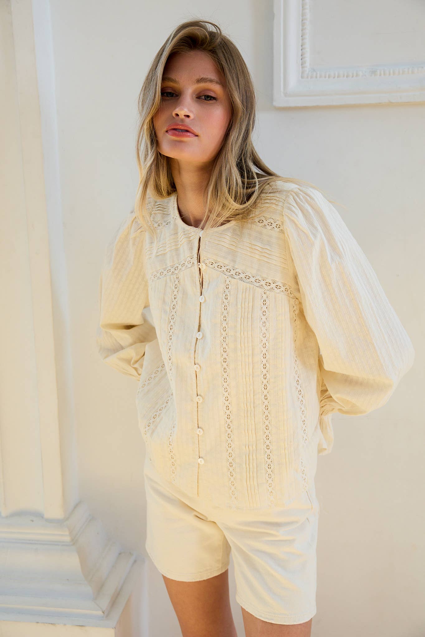 Lace Pintuck Detail Button Blouse