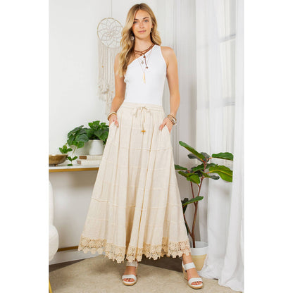 Ivory Hand-Aari & Lace Crinkled Rayon Flax Tiers Skirt