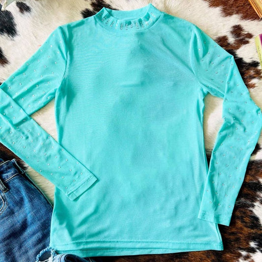 Turquoise Trouble Mesh Top with Rhinestones at Bourbon Cowgirl