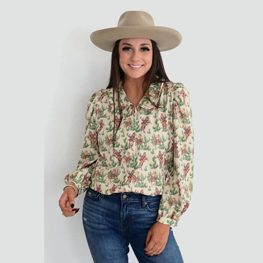 Retro Cactus Cowboy Blouse for Cowgirls