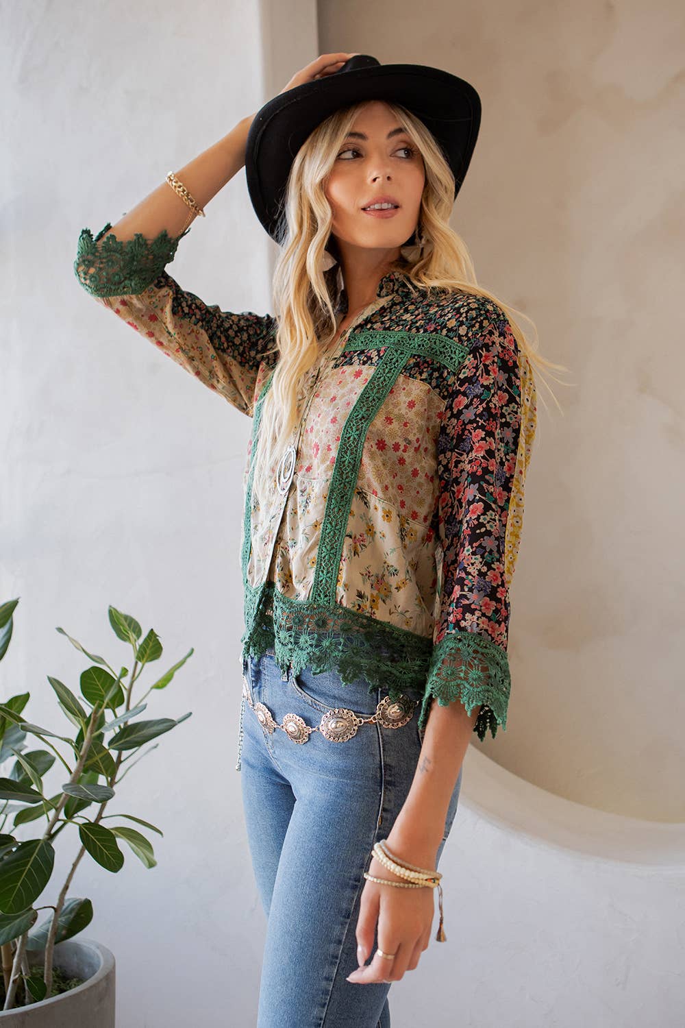 Lace Detailed Button Down Cropped Boho Cowgirl Shirt