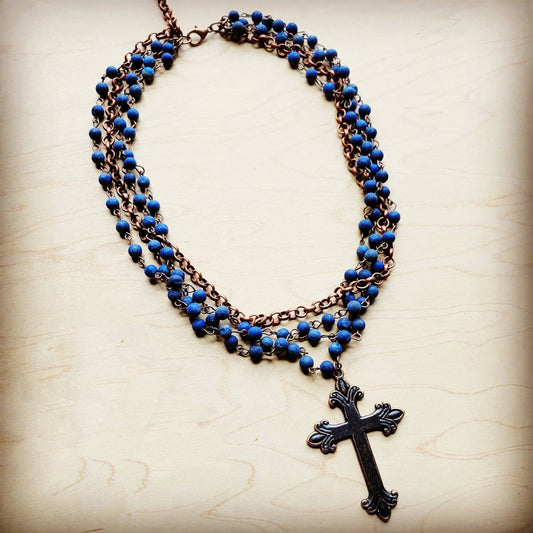 Blue Lapis Collar-Length Necklace with Copper Cross Boho Western Cowgirl Jewelry