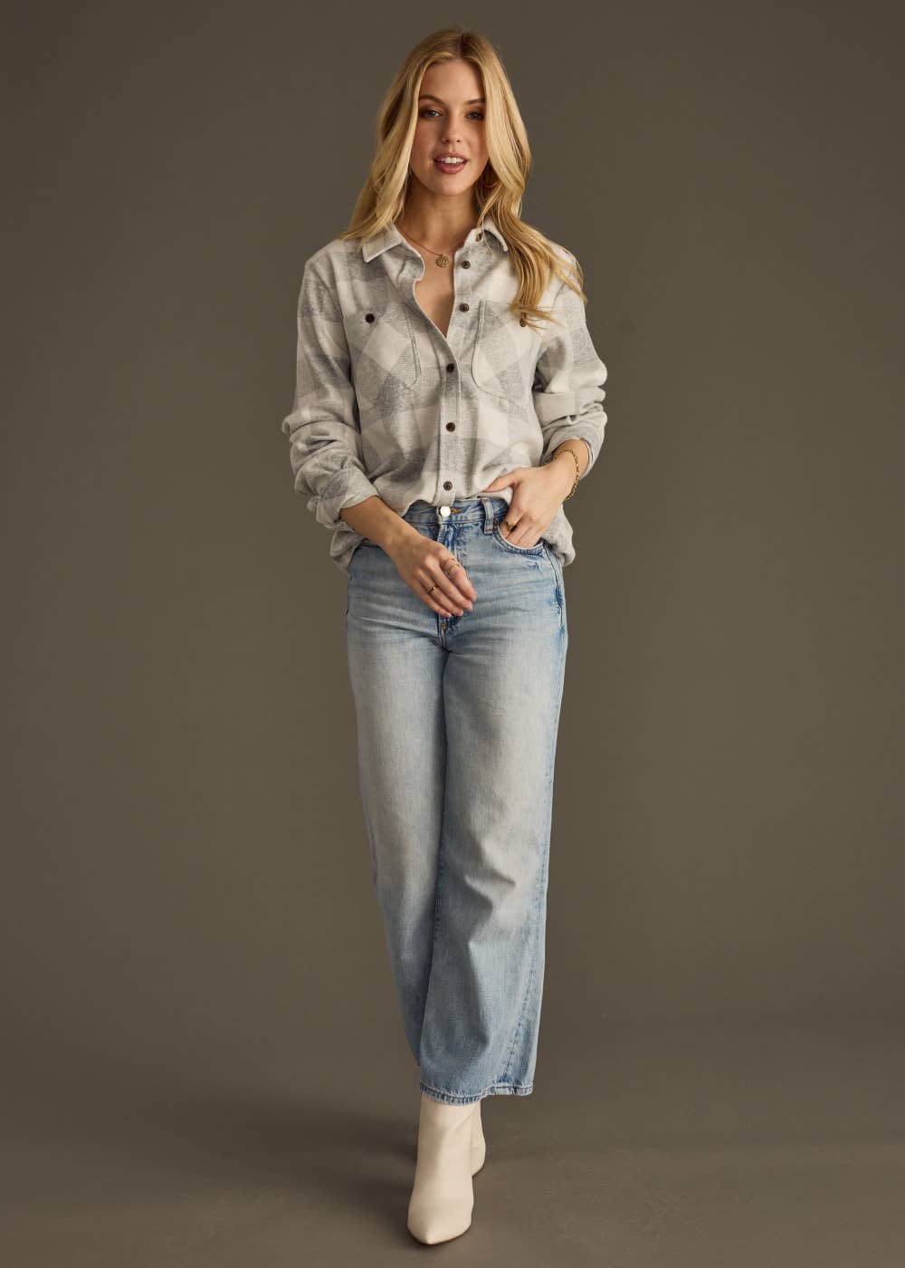 Light Gray & White Plaid Button Up Flannel for Women