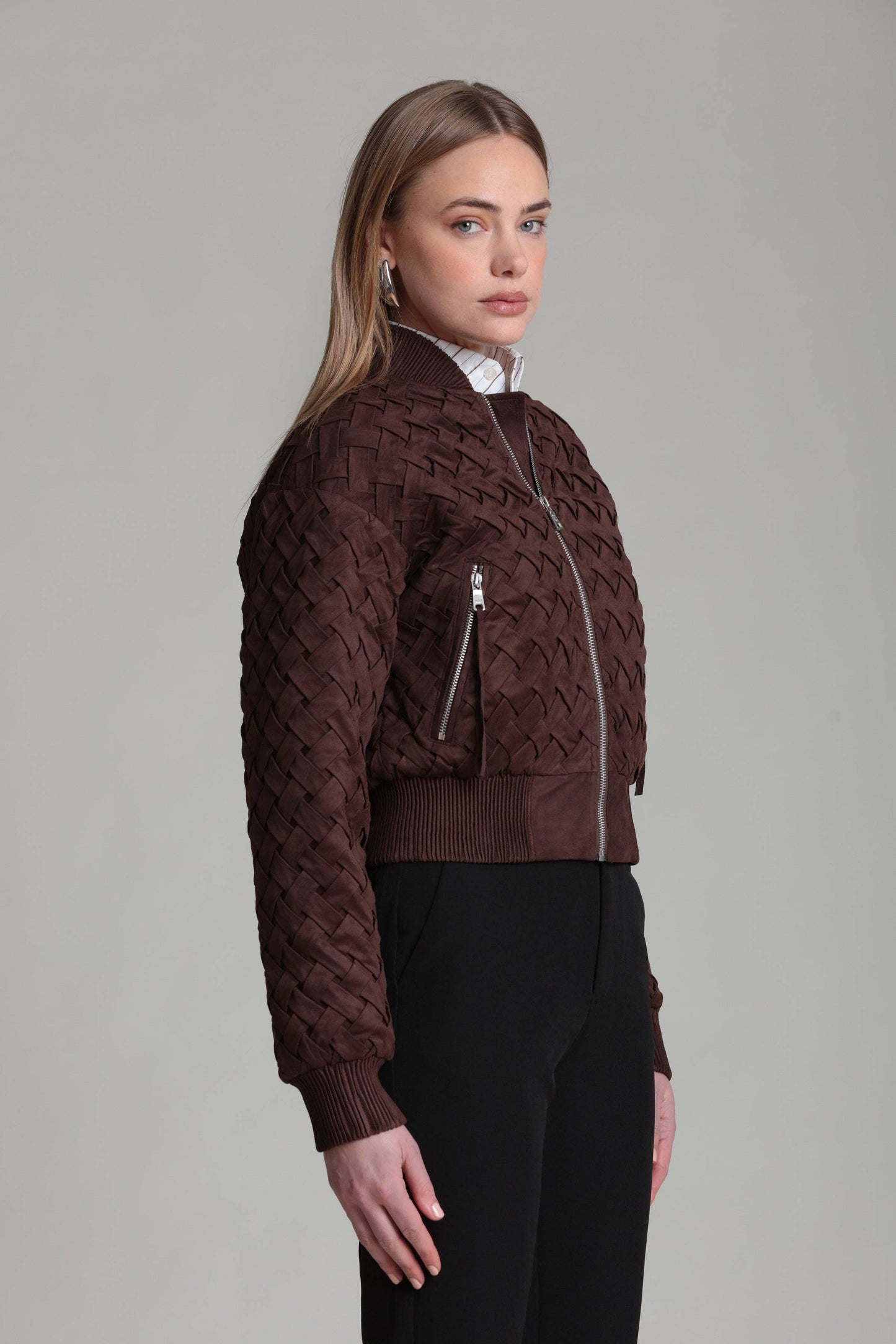 Faux Suede Woven Bomber Jacket